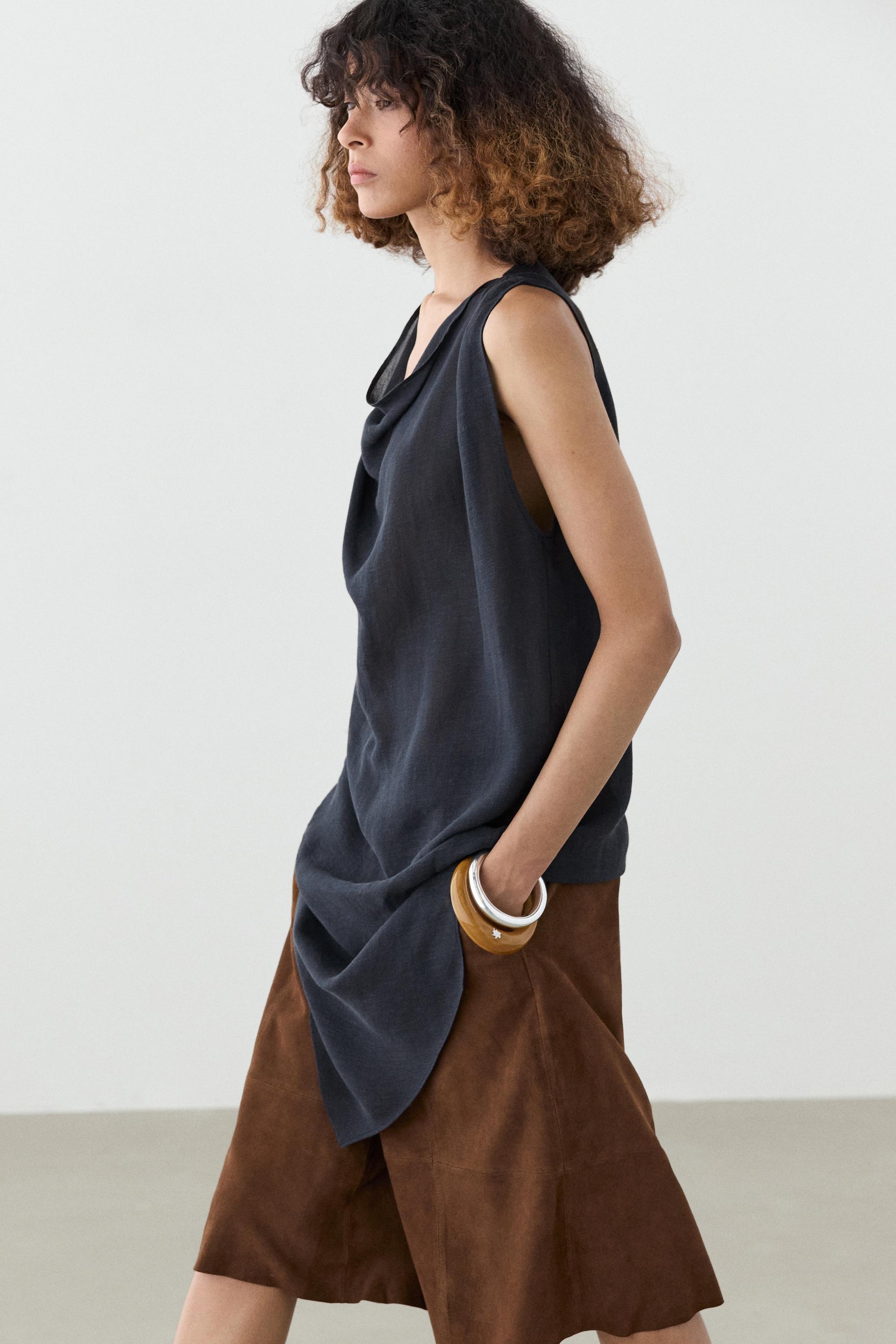 Asymmetric linen blend top
